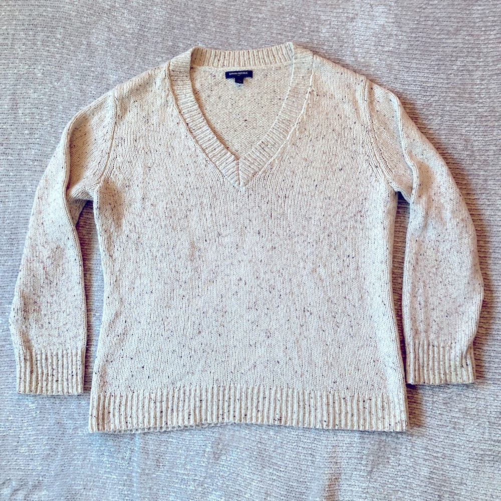Banana Republic Chunky Knit V-Neck Sweater, Oatmeal, Gold Flecks, Fall, Classic
